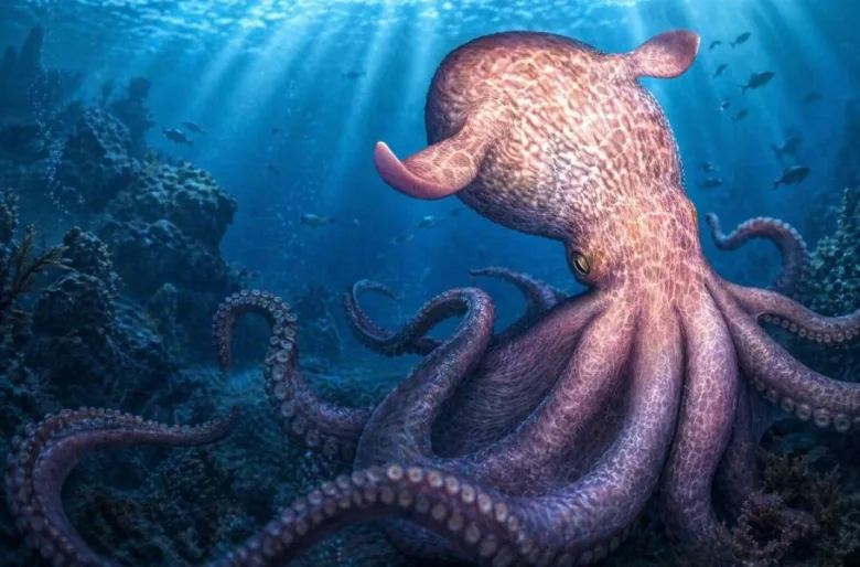 Obří chobotnice plavoucí v oceánu poblíž koralového útesu.