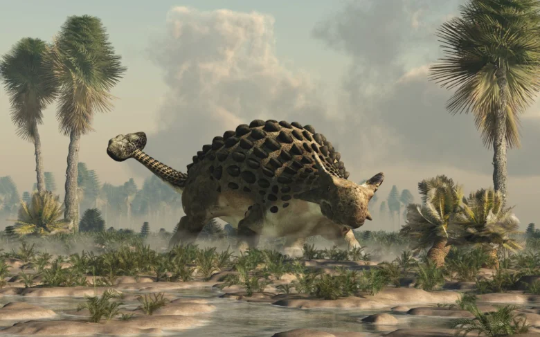 Ankylosaurus dinosaurus chodící po předhistorické krajině s palmami.