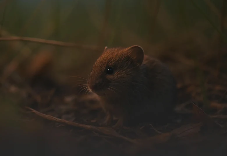Malý hnědý hraboš polní sedí mezi suchými listy v přírodě.