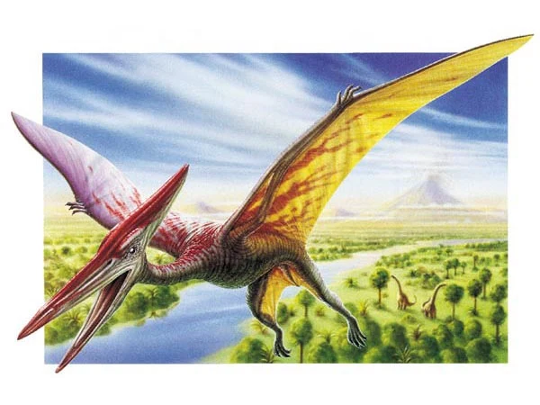 Ptakoještěr létající nad krajinou s jinými dinosaury