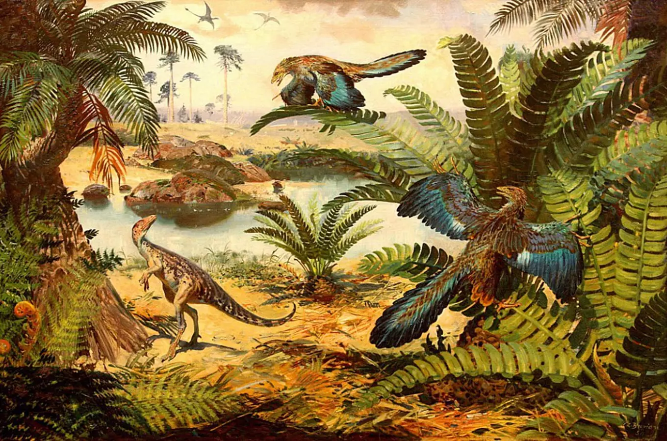 Ilustrace dinosaurev v krajině od malíře Zdeňka Buriana.