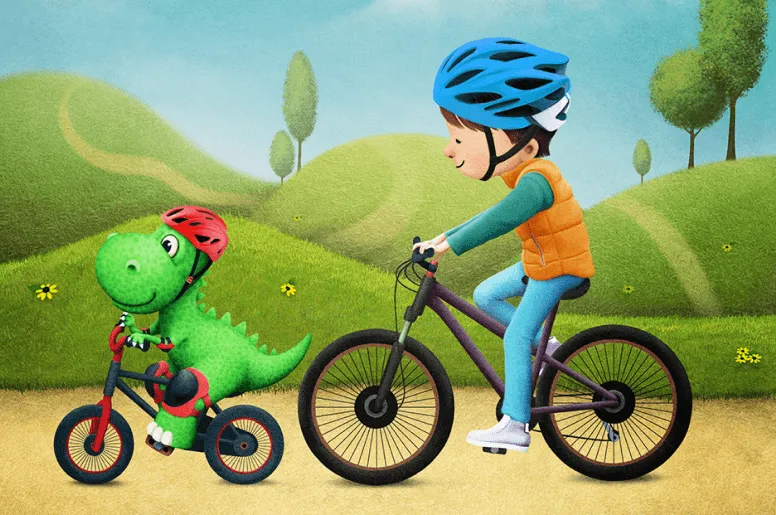 Dětský cyklista s dinosaurem na kole v krajině.