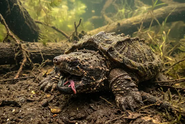 Podvodní záběr na krokodýlovou želvu s otevřenou tlamou.