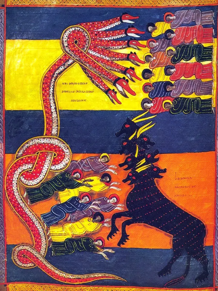 Ilustrace draka s mnoha hlavami uctívaného lidem v legendách.