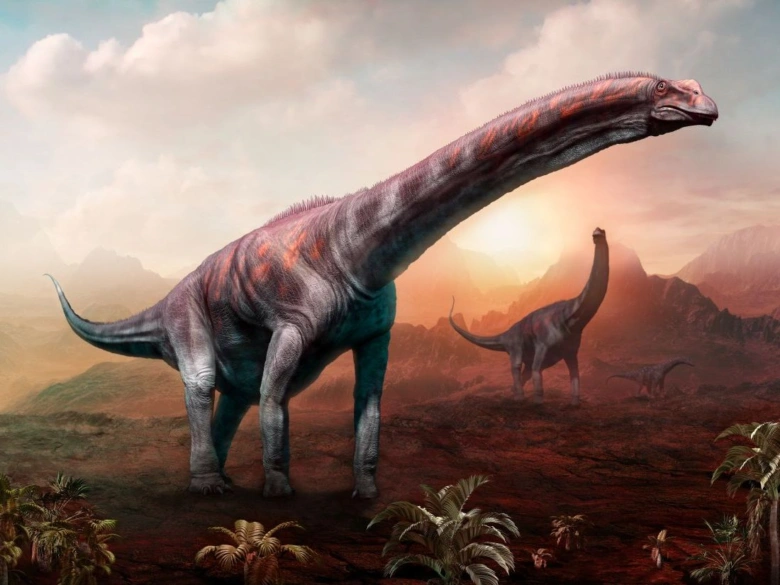 Ilustrace dlouhokrkých dinosaureů v pravěké krajině s rostlinami.