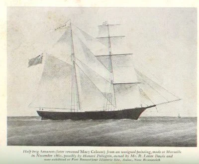 Ilustrace plachetnice Mary Celeste z roku 1862 na moři.