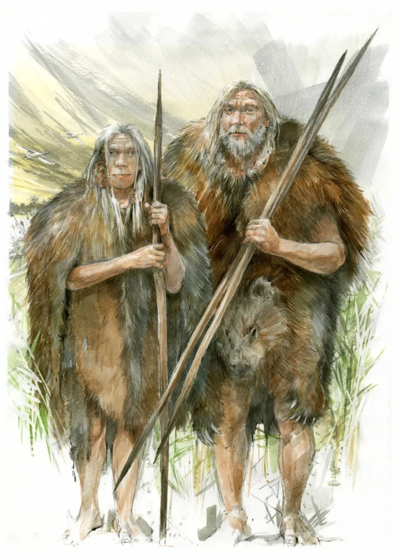 Ilustrace pravěkých lidí v kožešinách s kopími.