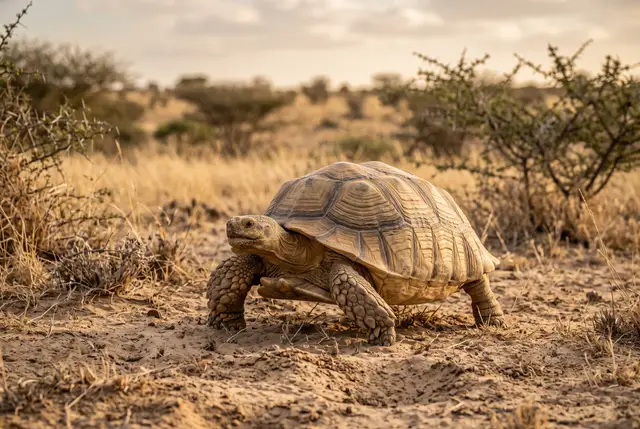 Africká želva s hroty na zadních tlapkách v suché krajině.