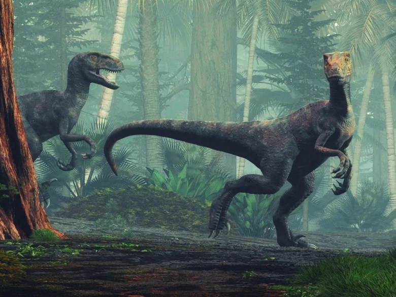 Dva teropodi dinosauři chodí mlhavým pralesem.
