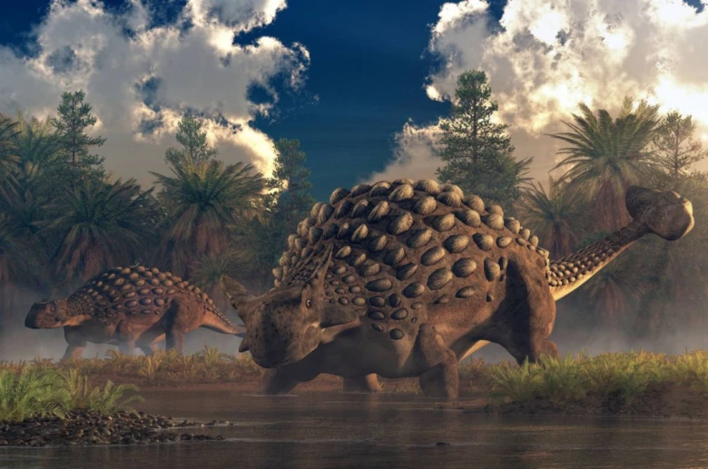 Dva dinosauři ankylozauri jdou u řeky v pralese.