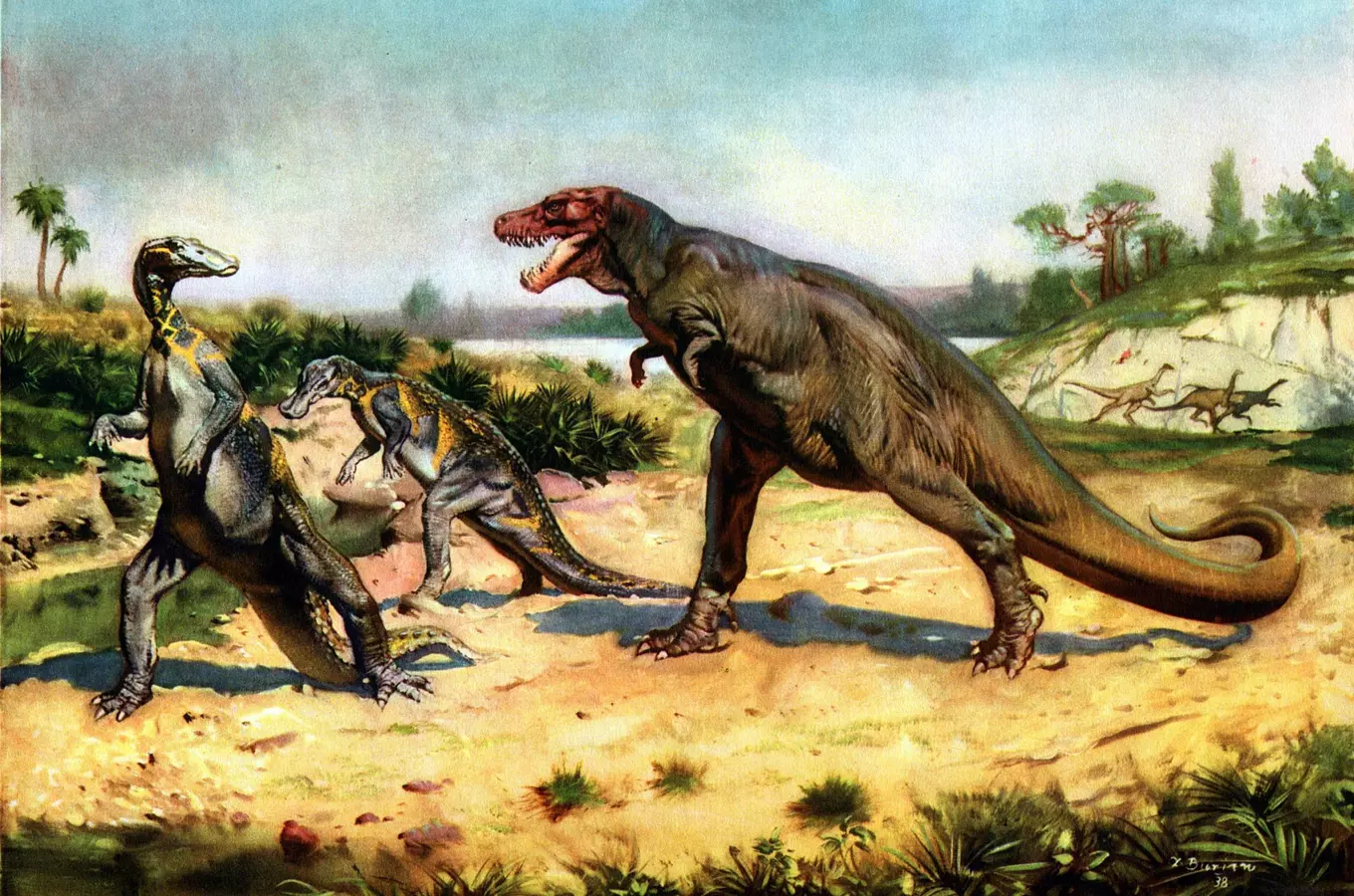 Malba dinosaury od malíře Zdeňka Buriána s tyranozaurem.