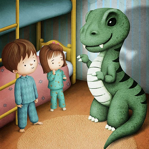Dva děti v pyžamu stojí u přátelského dinosaura ve dětské ložnici.
