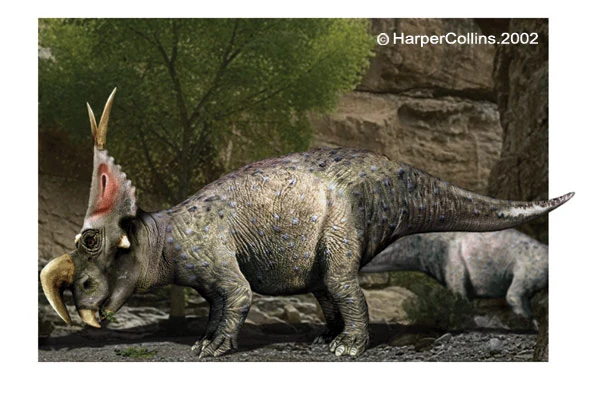Ilustrace dinosaura s rohy na čele a štítku.