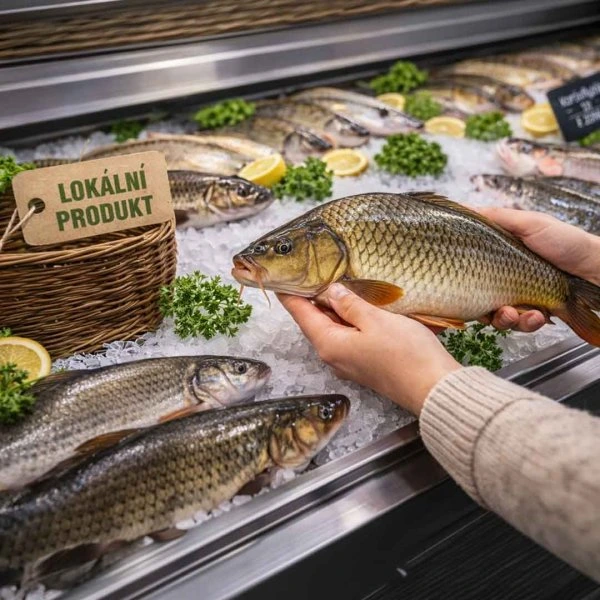 Čerstvá ryba na ledě v obchodním výloze s lokálními produkty.